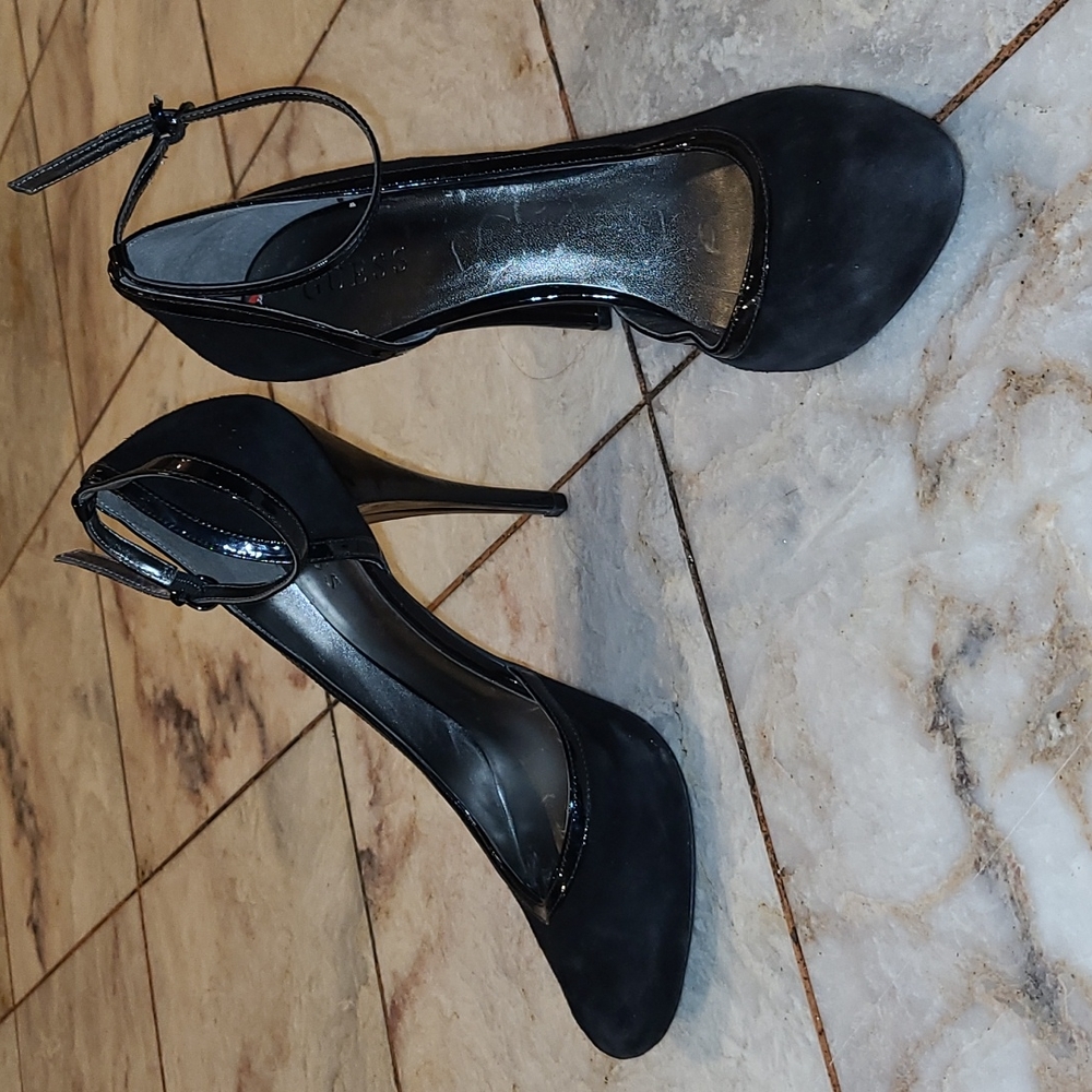 Guess Black Ankle Strap Suede Heels